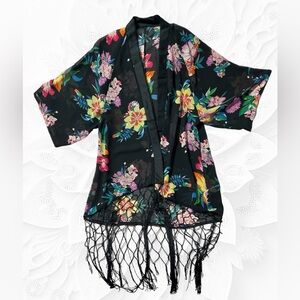 Retro Floral Kimono. Netted Tassel Trim. Sheer Kimono Coverup. Brightly Colored